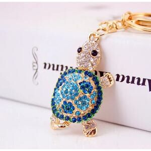 Cute Blue rhinestone Turtle Handbag Charm Keychain Moving Parts Glam Animal